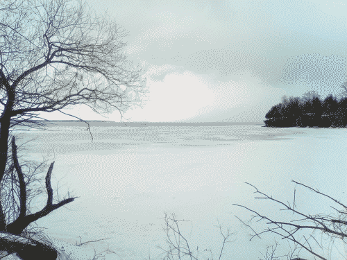 Lake Champlaign frozen across in late winter