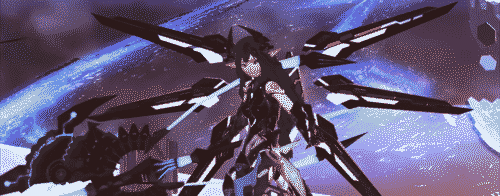 a 3d render of a robot witch with green hair, dragon horns, and black armor and cyber wings, holding a black and cyan wand in her right hand; she stands against an artificial sky strewn with blue light particles