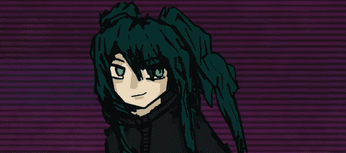 a pale girl with dark twintails and green eyes looks up and to the left with her shoulders cutely tight in a high-collared black jacket; behind her is a purple cyberspace