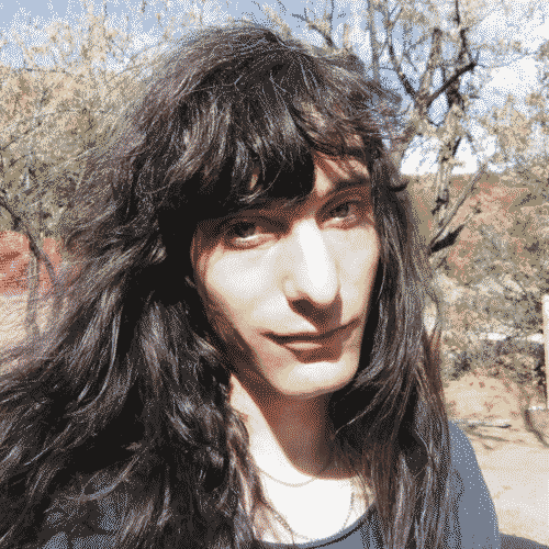 feminine enby with long wavy dark brown hair, pale skin, green eyes, looking with a slightly wistful smile; they are wearing a black t-shirt with cutout neck, plain necklace chains, and standing in front of some early spring deciduous trees
