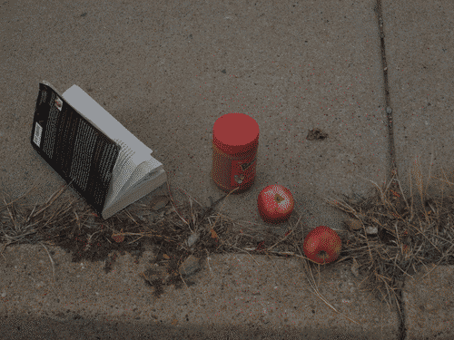A decent-sized paperback book, a jar of peanut butter, and two apples on the sidewalk where some spurges and dry grass are peeping out of the cracks