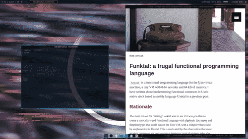 Desktop screenshot showing: panel with minimized window button at top, terminal at left, browser at right, and dock at bottom
