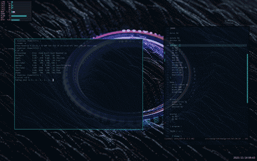 Ryudo desktop with a shell and a text editor in the foreground, and clock and status monitor in the background; the wallpaper is an abstract 3D piece with a glowing ring in the middle of some textured cables