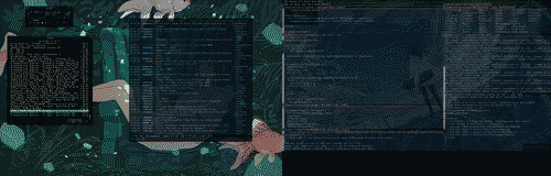 A multimonitor ryudo session: on the left is the external monitor with two Audacious windows and a terminal with an IRC client; on the right is the laptop display panel with a maximized acme window.