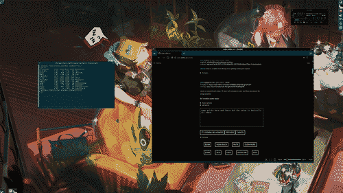 a windowmaker desktop with a minimal black vivaldi window displaying a post about this setup being edited in honk, solarized urxvt window showing df -h output, and a black winamp/audacious window visible; vivaldi is the active window with a black titlebar; urxvt is inactive with a solarized titlebar; the audacious window has titlebar since it has clientside decorations; wmaker icons are 32x32 with solarized bg color; clip is visible at top-left, dock at top-right along the right edge of the sceen with terminal, vivaldi, steam, dolphin-emu, pcsx2, and mednaffe icons; miniwindow icons for steam, aduacious, and a urxvt window are at bottom-left; the background is a zenless zone zero wallpaper by thornsdance showing Ellen asleep on the couch with a book on her face and Nicole falling asleep in an easychair looking at her phone.
