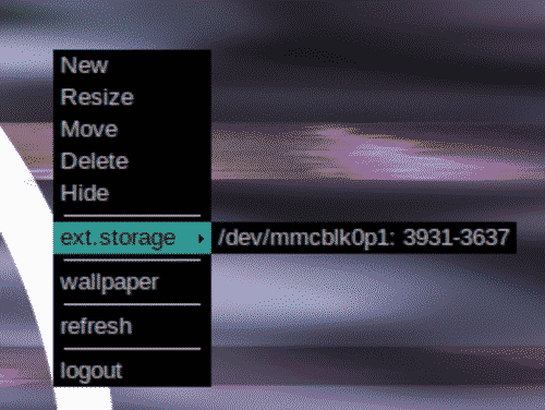Openbox root menu showing the pipe (sub)menu for removable storage. A single entry is visible showing its device node and label.