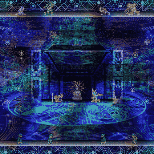 MegaMan characters surround a buddhist shrine in cyberspace and kneel, halting their conflict