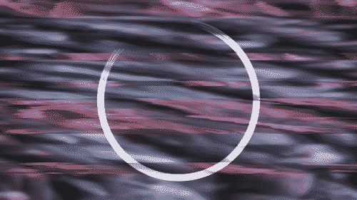 Stylized white enso (incomplete circular brushstroke) on a muted grey, purple and orange glitch background