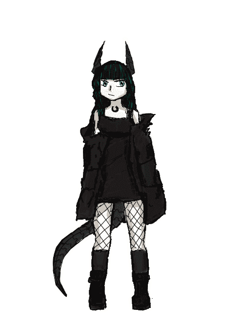 a pale woman with green streaked dark hair, mechanical horns, and an oroborous tattoo on her chest wears a black sleeveless dress, fishnet stockings, and combat boots, and has a large black jacket draped around her arms as she stands there looking to the left with her green eyes. a long mechanical dragon tail snakes from under the jacket behind her right leg. the whole image is in a pixelated anime style with an exxagerated white border to accent  it against the black of the website background