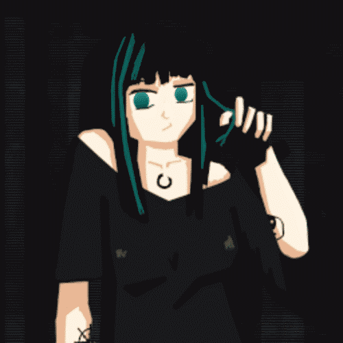 more or less realistic self-portrait in anime style. green streaked hair hangs in bangs at eyebrow level and then down below my shoulders. i have a bored expression and am looking kind of sidelong with my green eyes as i lean on my right arm. my cutout T-shirt reveals my shoulders and collar bones with uroborus tattoo just below them. one quarter of my wheel of the dharma tattoo is visible on my right forearm before it is cut off at the bottom of the frame, and my yin-yang is distored on my left forearm as i lift my fingerless-gloved hand above my shoulder to fidget with a lock of hair