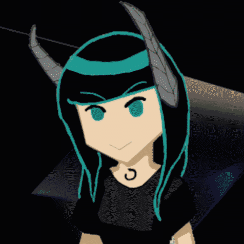a pale woman with green eyes, green streaked dark hair, mechanical horns, and an oroborous tattoo is looking at you with a tight-lipped smile, rendered similarly to the character art style of Natasha Allegri against an abstract purple and black background