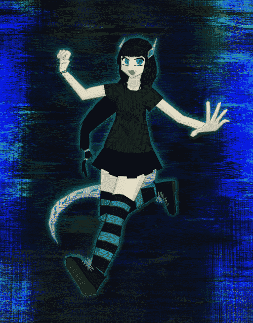 self-portrait as a dagonmaid archetype, wearing a black t shirt, short black pleated skirt, black and turquoise programmer socks, black boots with grey laces, and black and turquoise bead bracelet. spinning to the left on the left heel, her long dark hair and articulated metal with turquoise lights cyberdragon tail twist behind her, and she has similar metal-with-turquoise horns sweeping back from her temples; she has a cyan glow around her and is in a dark blue cyberspace