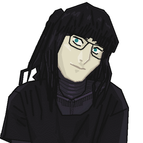 Rotoscoped self-portrait from the bust up, wearing rectangular glasses and with hair is up in twintails. also wearing a black cut-out T-shirt and the exposed neck, shoulders, and chest are purple artiuculated robotics.