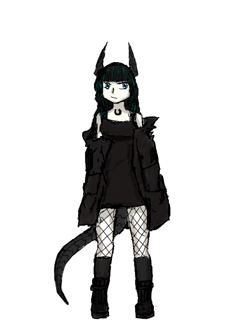 a pale woman with green streaked dark hair, mechanical horns, and an oroborous tattoo on her chest wears a black sleeveless dress, fishnet stockings, and combat boots, and has a large black jacket draped around her arms as she stands there looking to the left with her green eyes. a long mechanical dragon tail snakes from under the jacket behind her right leg. the whole image is in a pixelated anime style with an exxagerated white border to accent  it against the black of the website background