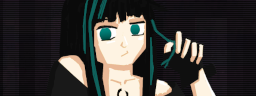 a goth girl with green streaked dark hair, green eyes and pale skin fidgeting with her hair wearing a fingerless glove and a black t shirt with the neck cut out, which shows her shoulders and collar bones