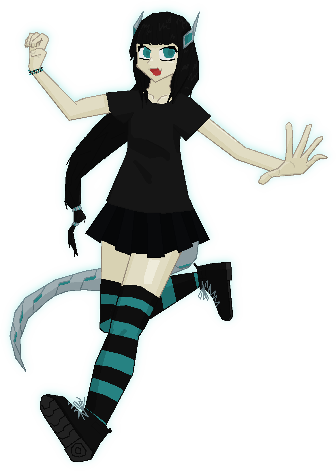 self-portrait as a dagonmaid archetype, wearing a black t shirt, short black pleated skirt, black and turquoise programmer socks, black boots with grey laces, and black and turquoise bead bracelet. spinning to the left on the left heel, her long dark hair and articulated metal with turquoise lights cyberdragon tail twist behind her, and she has similar metal-with-turquoise horns sweeping back from her temples