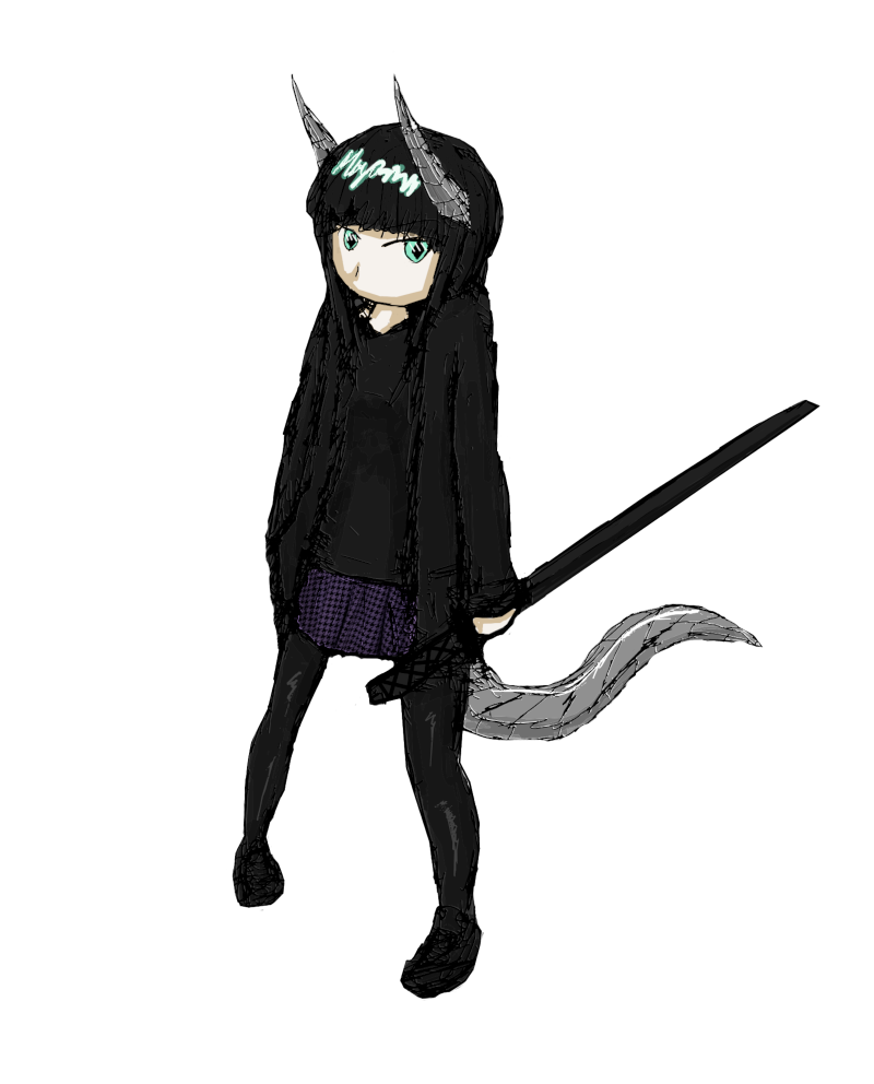 slightly high angle drawing of a chibi anime girl with dark long hair in bangs, green eyes with diamond-shaped pupils, a back jacket unzipped over a black shirt, purple and black houndstooth skirt, and black stockings and sneakers. she is holding a sheathed ninjato in her left hand, her right hand is in her pocket, and she has mechanical grey horns coming out ofher temples and a similar mechanical tail snaking behind her; she is looking warily, slightly aggressive, to the left