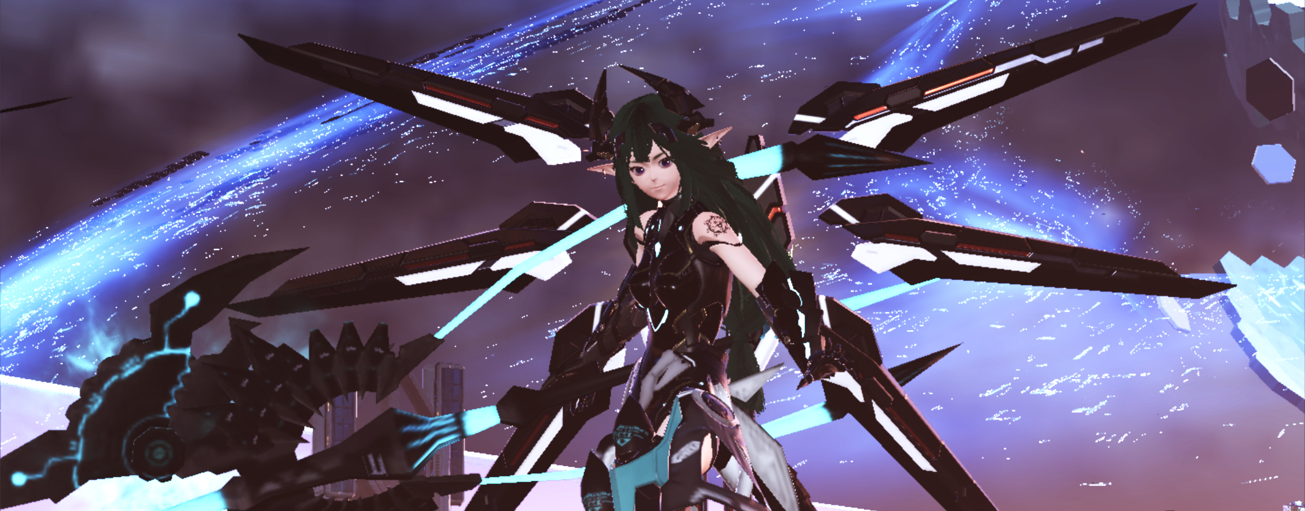 a 3d render of a robot witch with green hair, dragon horns, and black armor and cyber wings, holding a black and cyan wand in her right hand; she stands against an artificial sky strewn with blue light particles