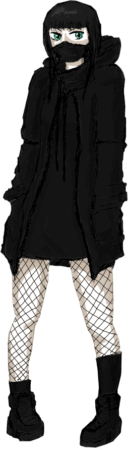 a pale girl with long dark hair peeks with her green eyes from between her bangs and the black mask covering her nose and mouth. she is clad in a techwear jacket with the hood cast back over a black dress, fishnets, and black socks and work boots. her hands are in her jacket pockets and one of her socks has sunk to the cuff of her boot while the other clings to her calf