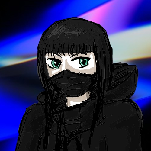a pale girl with long dark hair peeks with her green eyes from between her bangs and the black mask covering her nose and mouth. she is clad in a techwear jacket with the hood cast back, against a bright blue and purple background