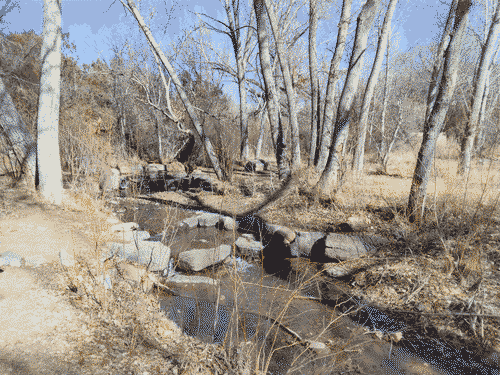 Calm river behind Upaya Zen Center, completely thawed in mid-February, with barren trees and shrubs surrounding it