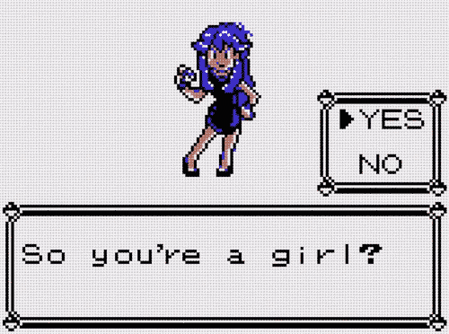 From the intro scene of Twitch Plays Pokemon Crystal Anniversary, selecting the female PC (blue hair, tight fitting black dress), and the textbox says _So youre a girl_? with the dialog box pointing to YES