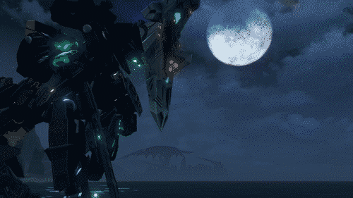 Screenshot of Xenoblade Chronicles X, a black mech is in the left of the frame, facing outward, and hovering over the ocean. Beach cliffs are visible direclty behind it and in the distance on the horizon is a strange looking island and a full alien moon.