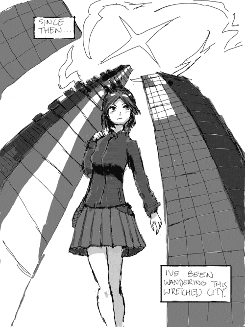 low angle shot of the girl walking through a big city with buildings towering over her, the sun shining directly from overhead; _since then... i