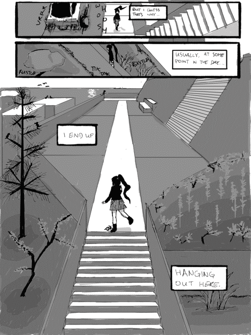The girl walking down a sidewalk toward an intersecting staircase, a sports car drives by loudly and whips her hair with its wake _but i guess thats why..._; she walks up the stairs amid a xeriscape _usually, at some point in the day..._; at the to pof the stairs, she lingers in her last step between the coastal trees and herb garden, a modern stone plaza overlook is level with two business buildings and overlooks the ocean. it has a bench facing toward the buildings and continues around the oceanside, with a staircaes near the bench that goes up toward another business building. sunlight is reflecting off the water and birds dot the scene. _i end up hanging out here._
