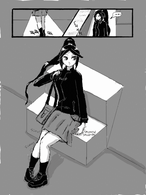 (inset) The girl walks carefully to the oceanside-facing part of the overlook and looks out at the ocean for a moment, then...; full-page frame of her sitting down on the nearby bench, taking off her bag, and smoothing her skirt in one unified motion, her long ponytail swaying with her movement