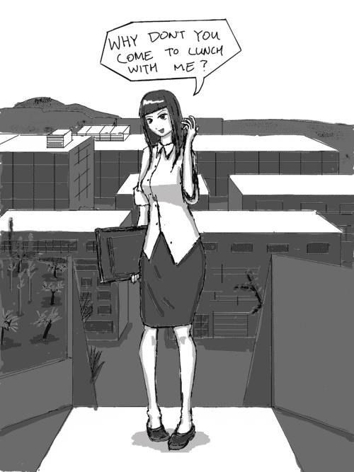 The business woman is standing at the top of the stairs, much more relaxed, her folio down by her hip and free hand gesturing next to her face. She smiles with shining eyes as she asks _Why dont you come to lunch with me?_ The hodgepodge of business buildings between 3 and 10 stories tall rises behind her and the gardens adjacent the plaza surround the stairway.