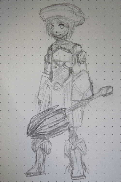 Nonbinary magicican wearing flowing robes, ornate boots and chest plate, and a saucer hat. They are carrying a heavy duty war mace.