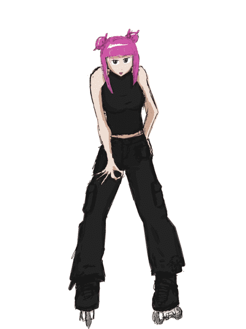 An anime girl with pink hair in ox-buns with bangs is on aggressive rollerblades and wearing a black sleeveless shirt that shows her midriff slightly and torn black cargo pants. She is leaning forward and smiling at you with shiny grey eyes, making a circle with her index finger and thumb near her crotch.