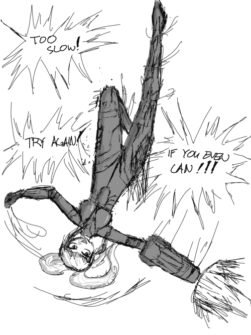 A woman with platinum pigtails and wearing full skintight robotic armor is doing an upward spiral spin kick; she bears an arm cannon on her right arm, firing it toward the bottom-right corner with an exhilerated expression on her face as her eyes light up. _Too slow! Try again! If you even can!!!_ she shouts.