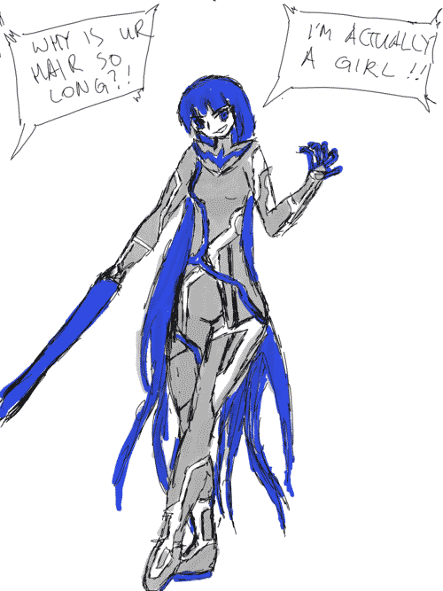 a sketch of the nahobino from Shin Megami Tensei 5 but as a woman. a speech bubble from offscreen says _why is your hair so long?_ and the reply from her is _im actually a girl_