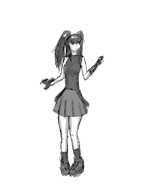 A woman with hair in twintails is wearing a sleeveless black skintight shirt that shows her curvacious boobs pressed against her torso and a pleated skirt with shoulder straps hanging akimbo and clunky work boots, with asymmetrical gloves - a leather fingerless on her right hand and mesh armsleeve on her left; she stands with her right hand grasping at something (maybe a railing or cup on a table) while she looks toward her left with her hand turned inward and arm held toward her chest, perhaps addressing a person standing next to her about some question