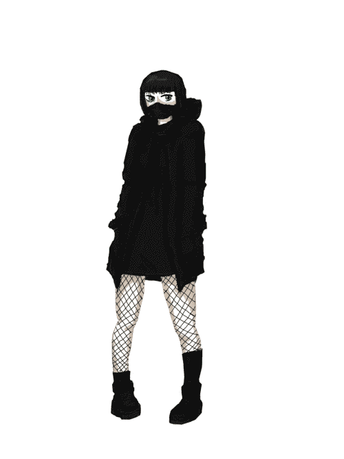 a pale girl with long dark hair peeks with her green eyes from between her bangs and the black mask covering her nose and mouth. she is clad in a techwear jacket with the hood cast back over a black dress, fishnets, and black socks and work boots. her hands are in her jacket pockets and one of her socks has sunk to the cuff of her boot while the other clings to her calf
