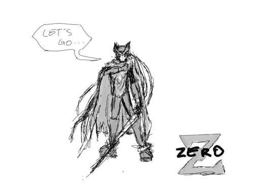 a sketch of Megaman Zero as in the beginning of MMZ2, grabbing his cloak as to throw it off, with sword drawn, saying _lets go..._