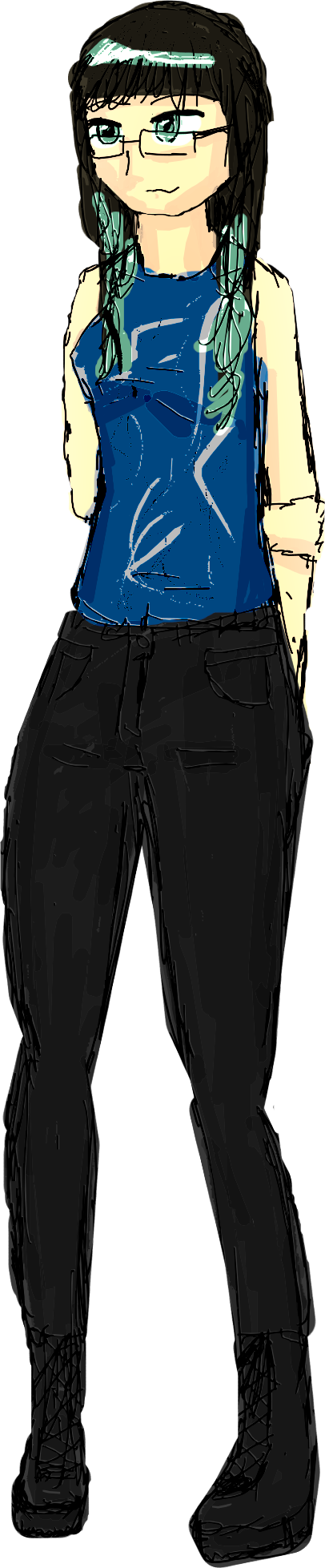 a white-presenting woman with long green-tipped brown hair and green eyes and rectangular glasses, wearing a blue tank top with an aquatic texture and black skinny jeans and boots; she stands with her arms behind her back, holding one arm with her other hand and casually smiling