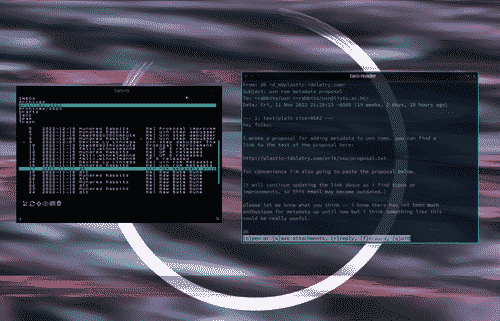 Taro mail client - the left window is the list view, showing mailboxes and a search query for the uxn mailing list; the right window is a terminal window displaying d6