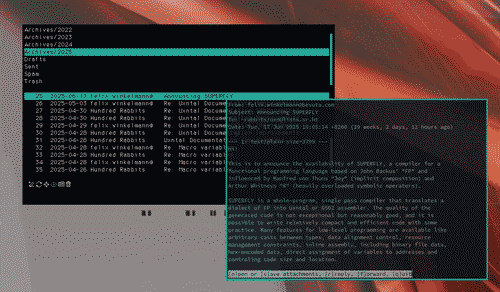 the taro.rom window showing an archived mailbox with a search for the uxn mailing list filtering the mail. hilighted is the announcemnet of SUPERFLY and said email is open in a terminal window partially occluding the varvara window
